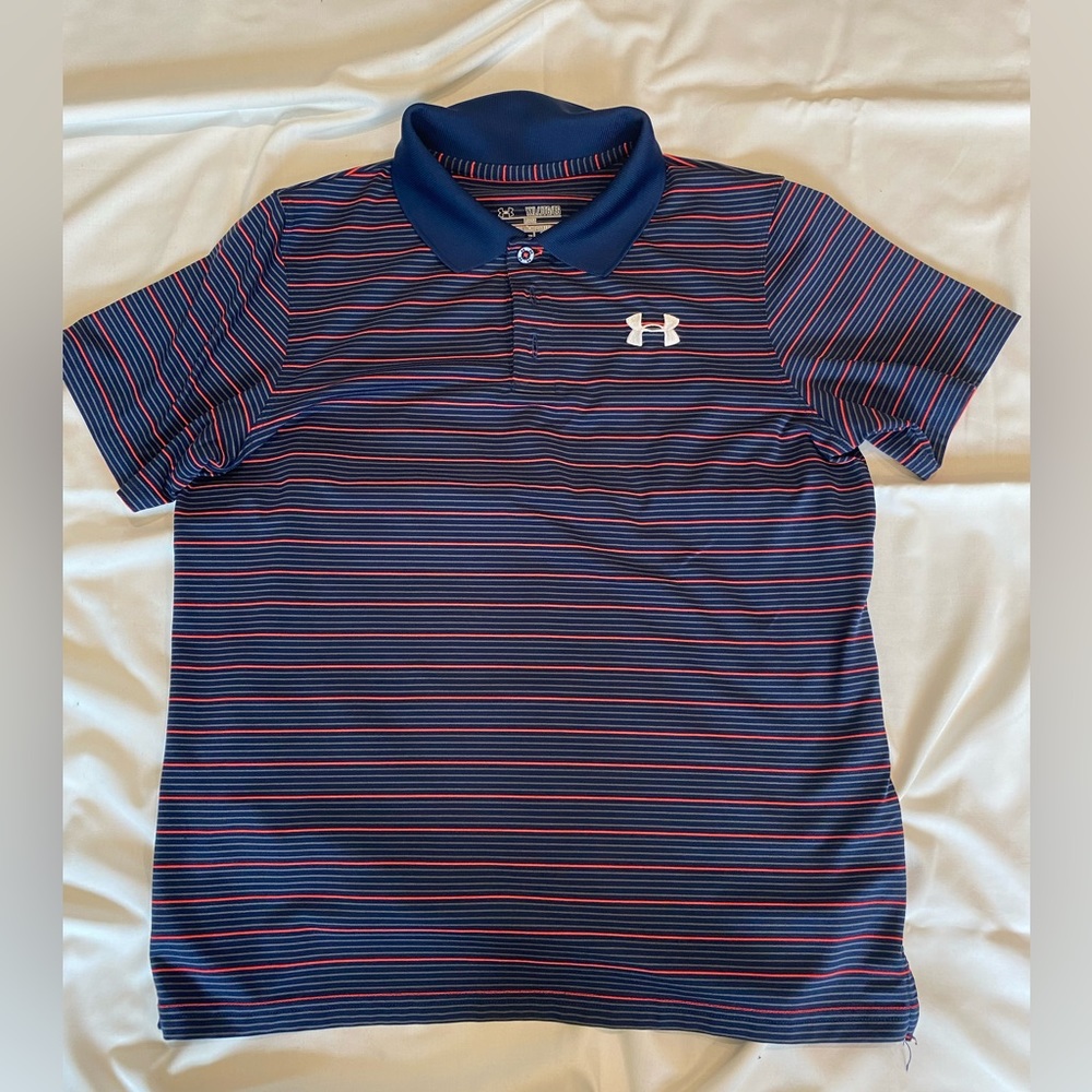 Blue youth XL polo under armor T-shirt with red stripes